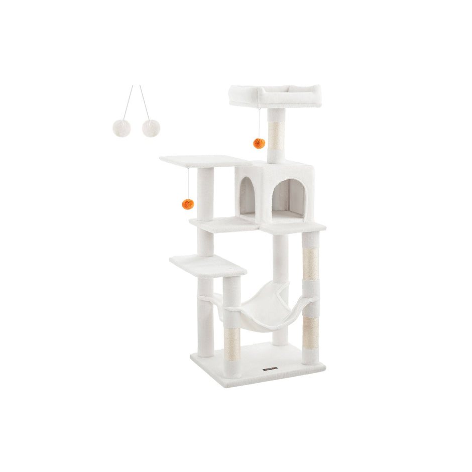 Multi-Level Cat Condo – Plush – Light Grey – Includes Scratching Posts, Perches, Cave, and Hammock