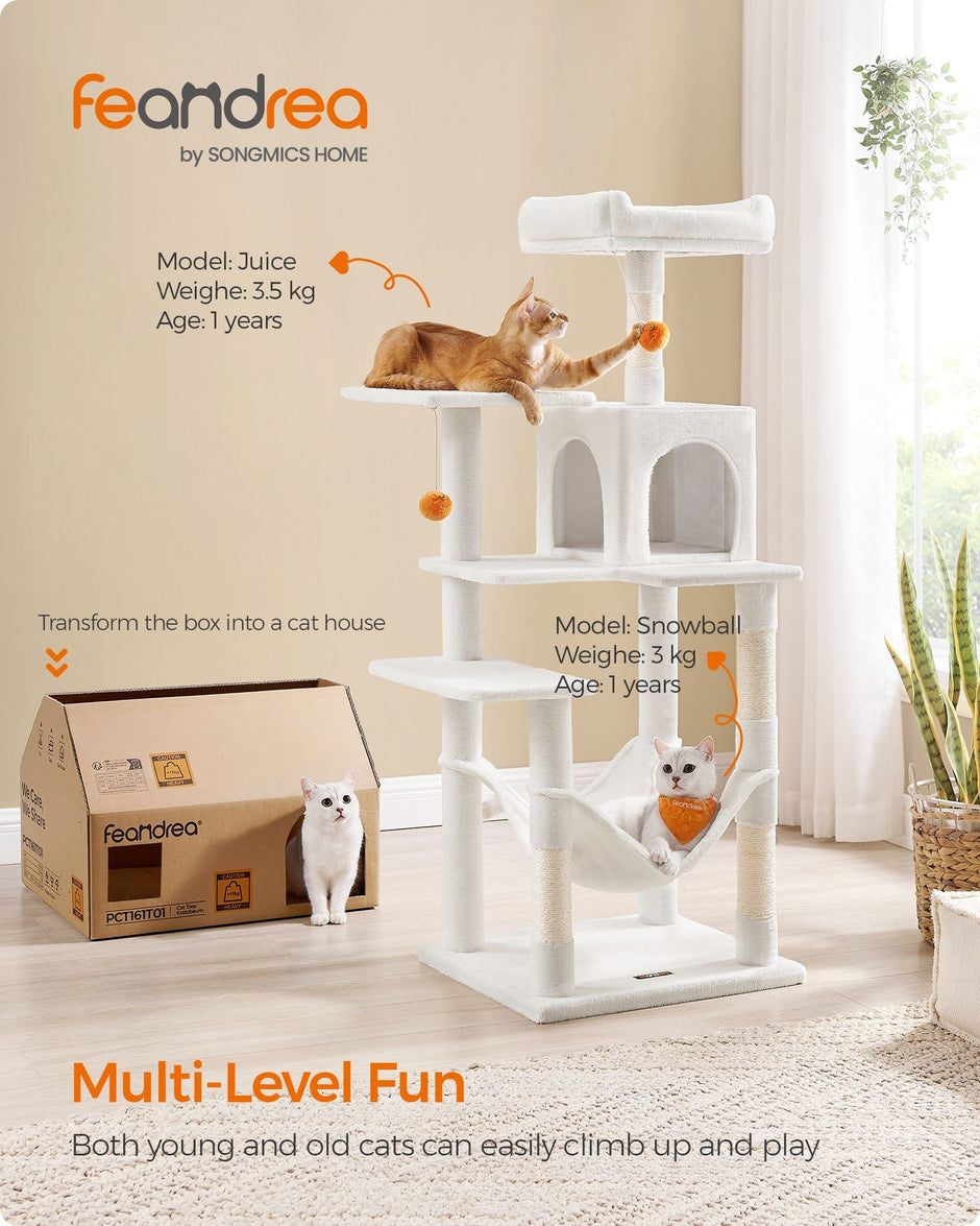 Multi-Level Cat Condo – Plush – Light Grey – Includes Scratching Posts, Perches, Cave, and Hammock