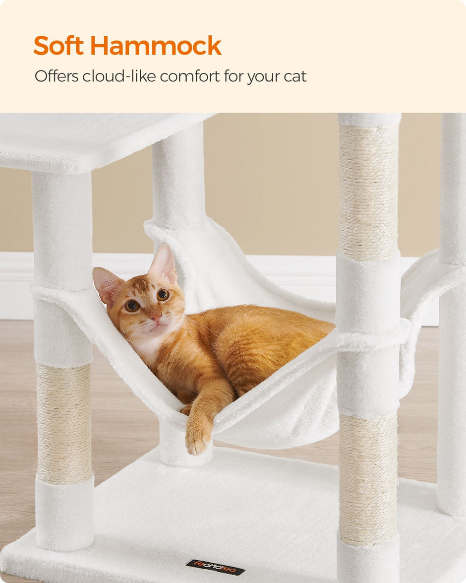 Multi-Level Cat Condo – Plush – Light Grey – Includes Scratching Posts, Perches, Cave, and Hammock