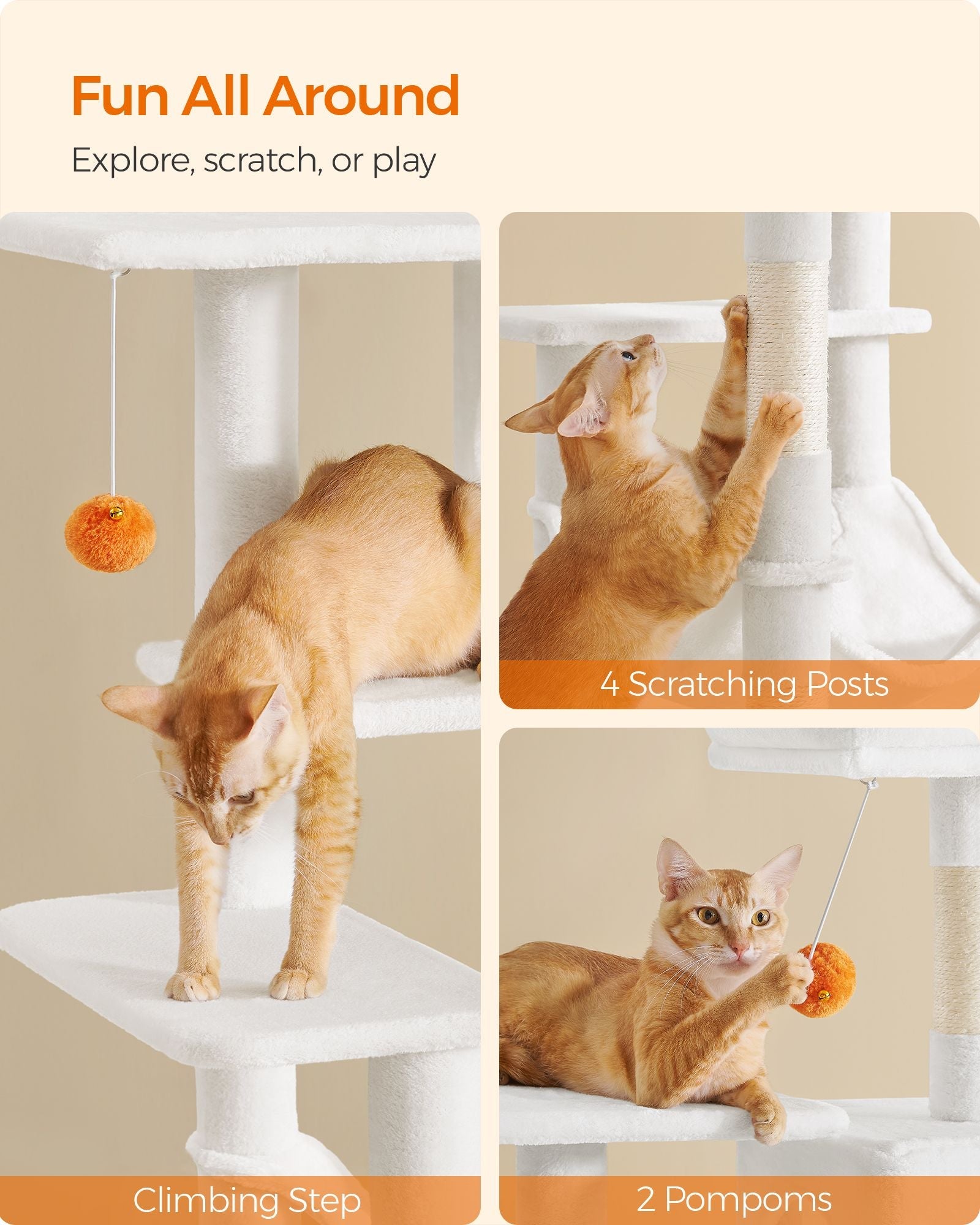 Multi-Level Cat Condo – Plush – Light Grey – Includes Scratching Posts, Perches, Cave, and Hammock