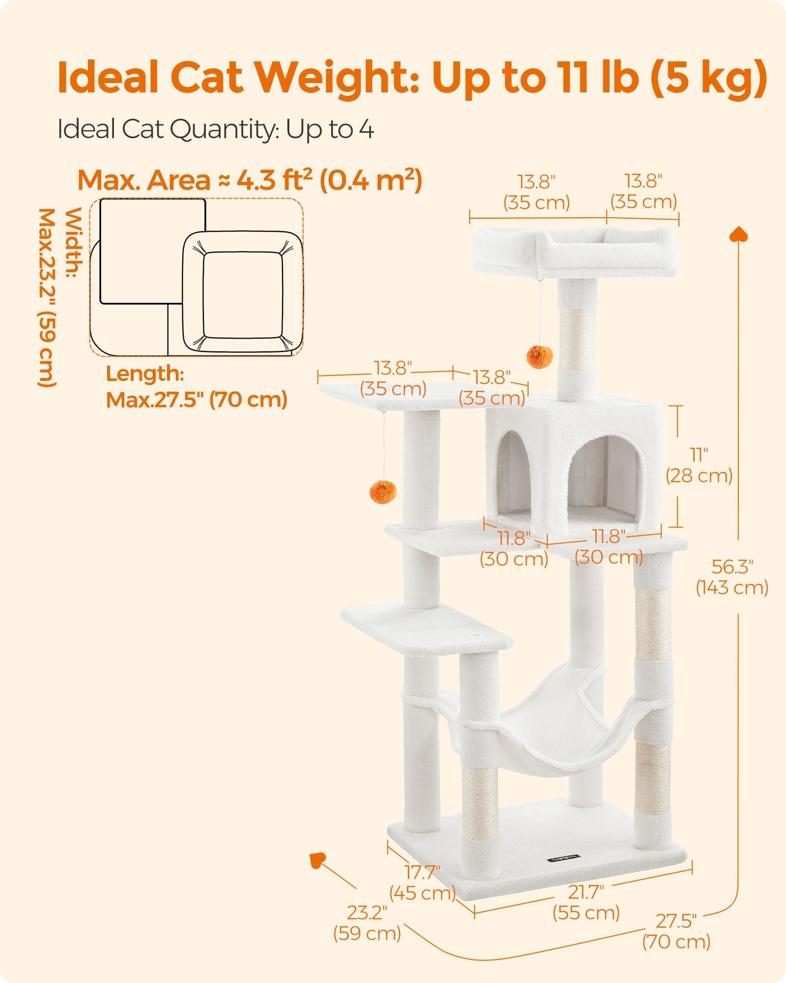 Multi-Level Cat Condo – Plush – Light Grey – Includes Scratching Posts, Perches, Cave, and Hammock