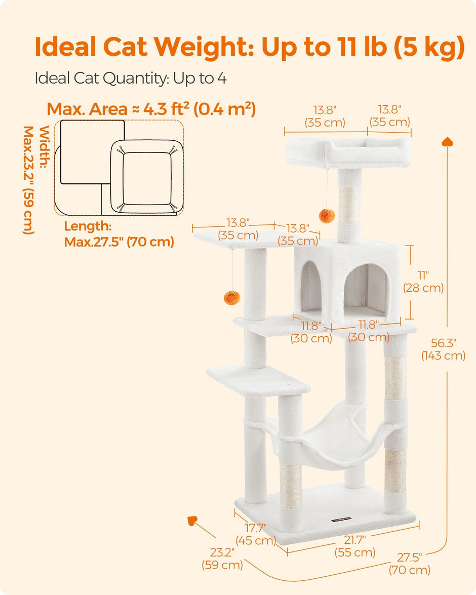 Multi-Level Cat Condo – Plush – Light Grey – Includes Scratching Posts, Perches, Cave, and Hammock