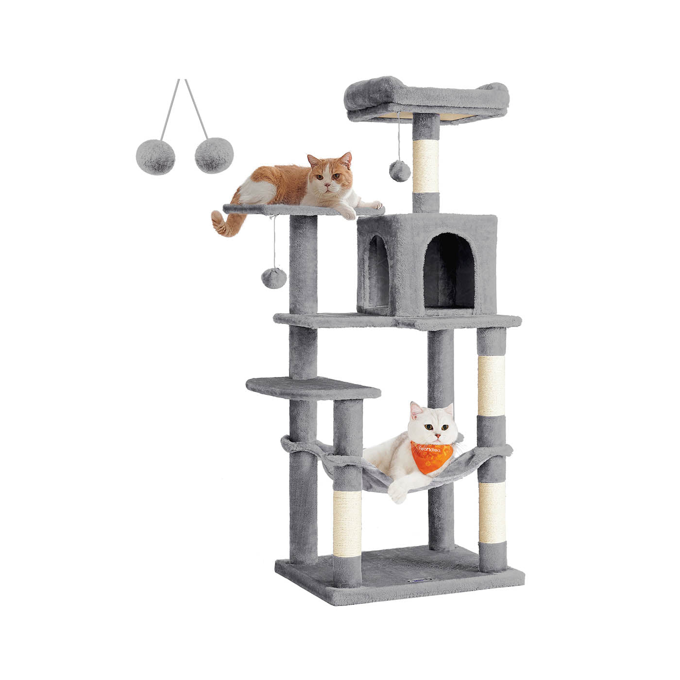 Cat Condo – Wood – Light Grey – Includes Hammock and Pompoms