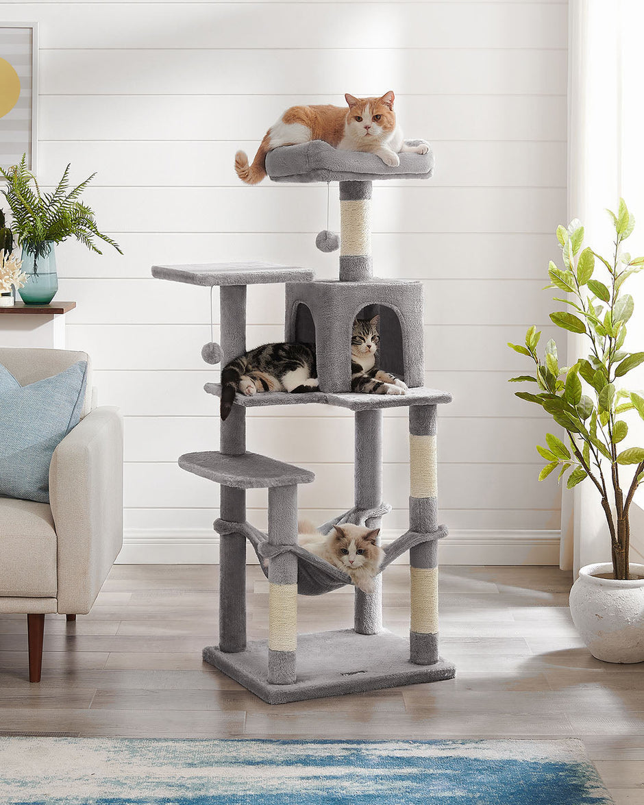 Cat Condo – Wood – Light Grey – Includes Hammock and Pompoms