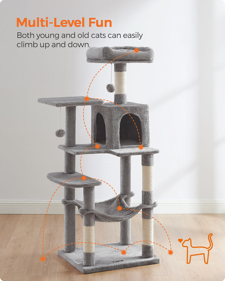 Cat Condo – Wood – Light Grey – Includes Hammock and Pompoms