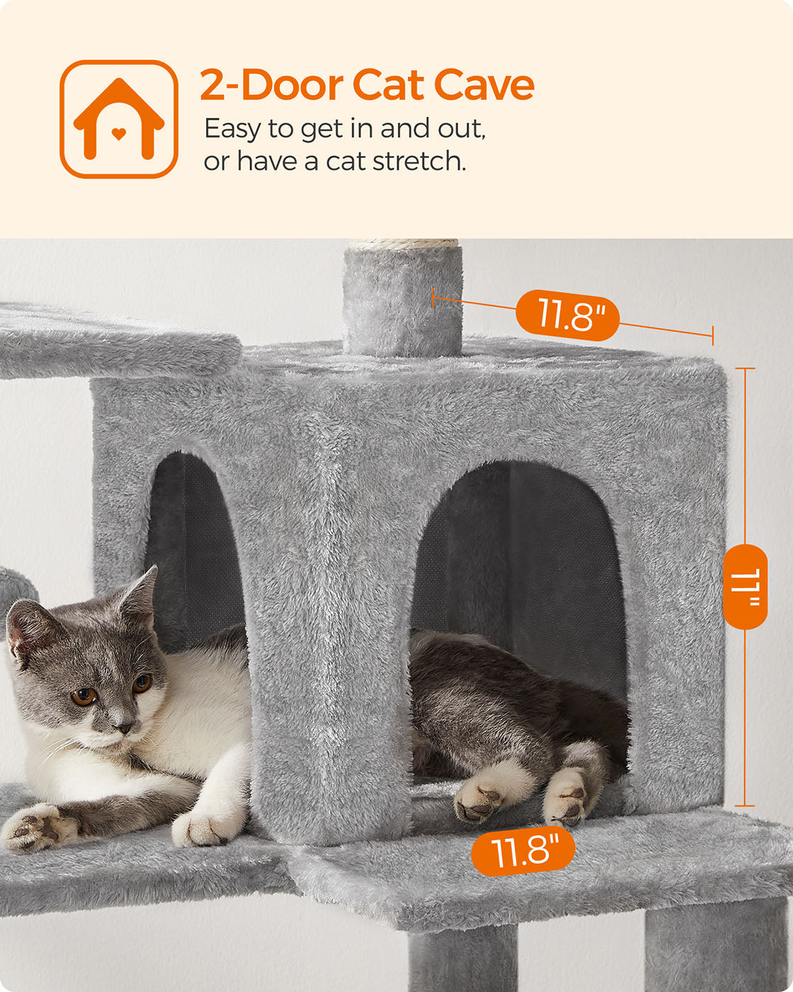 Cat Condo – Wood – Light Grey – Includes Hammock and Pompoms