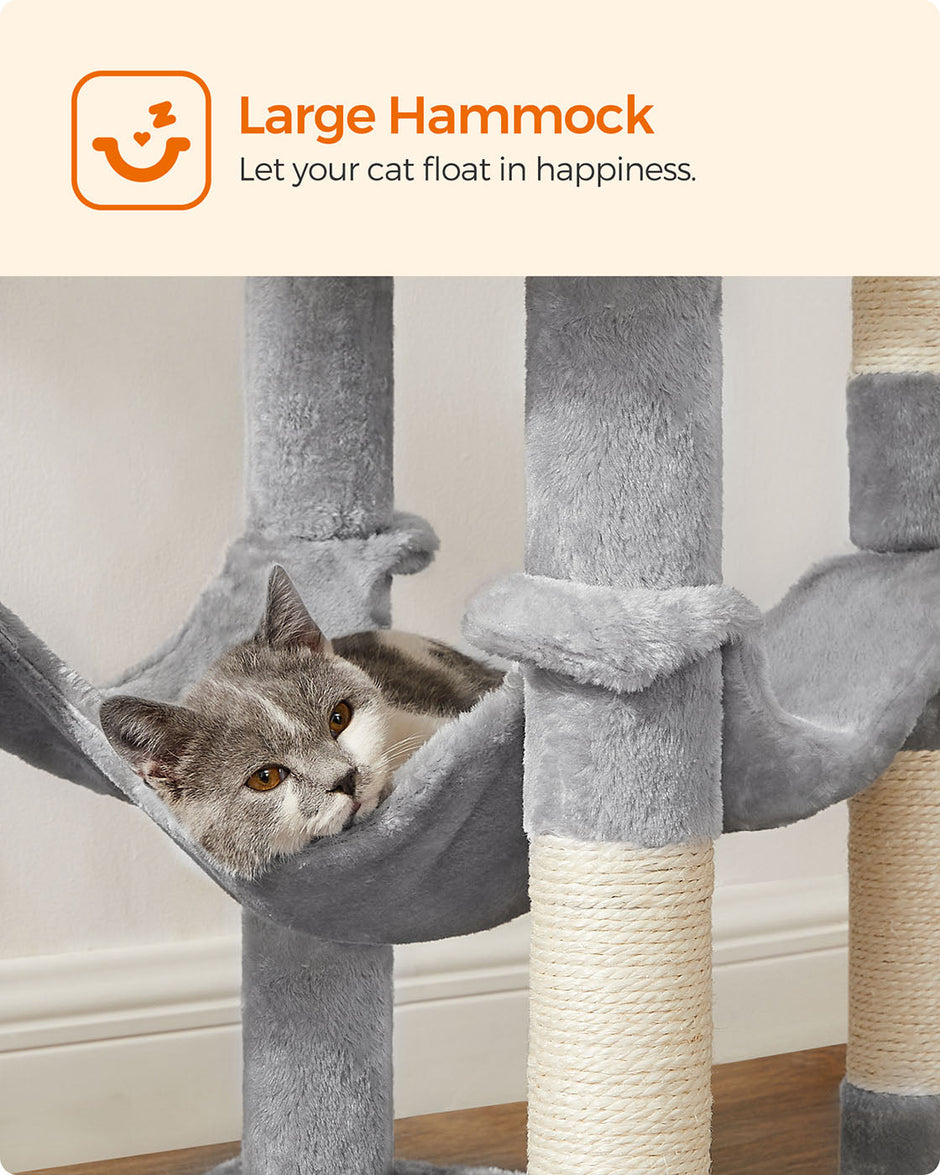 Cat Condo – Wood – Light Grey – Includes Hammock and Pompoms