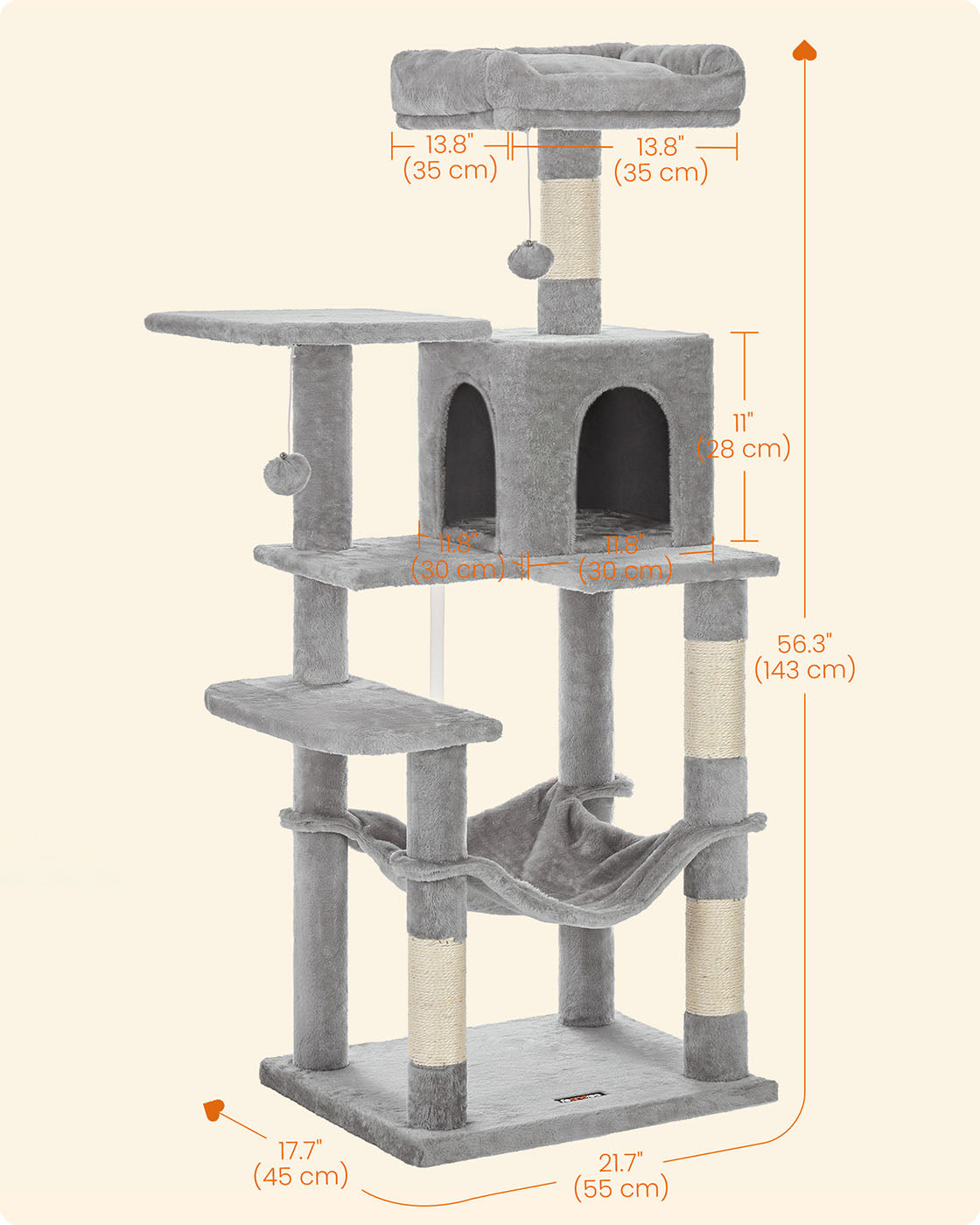 Cat Condo – Wood – Light Grey – Includes Hammock and Pompoms
