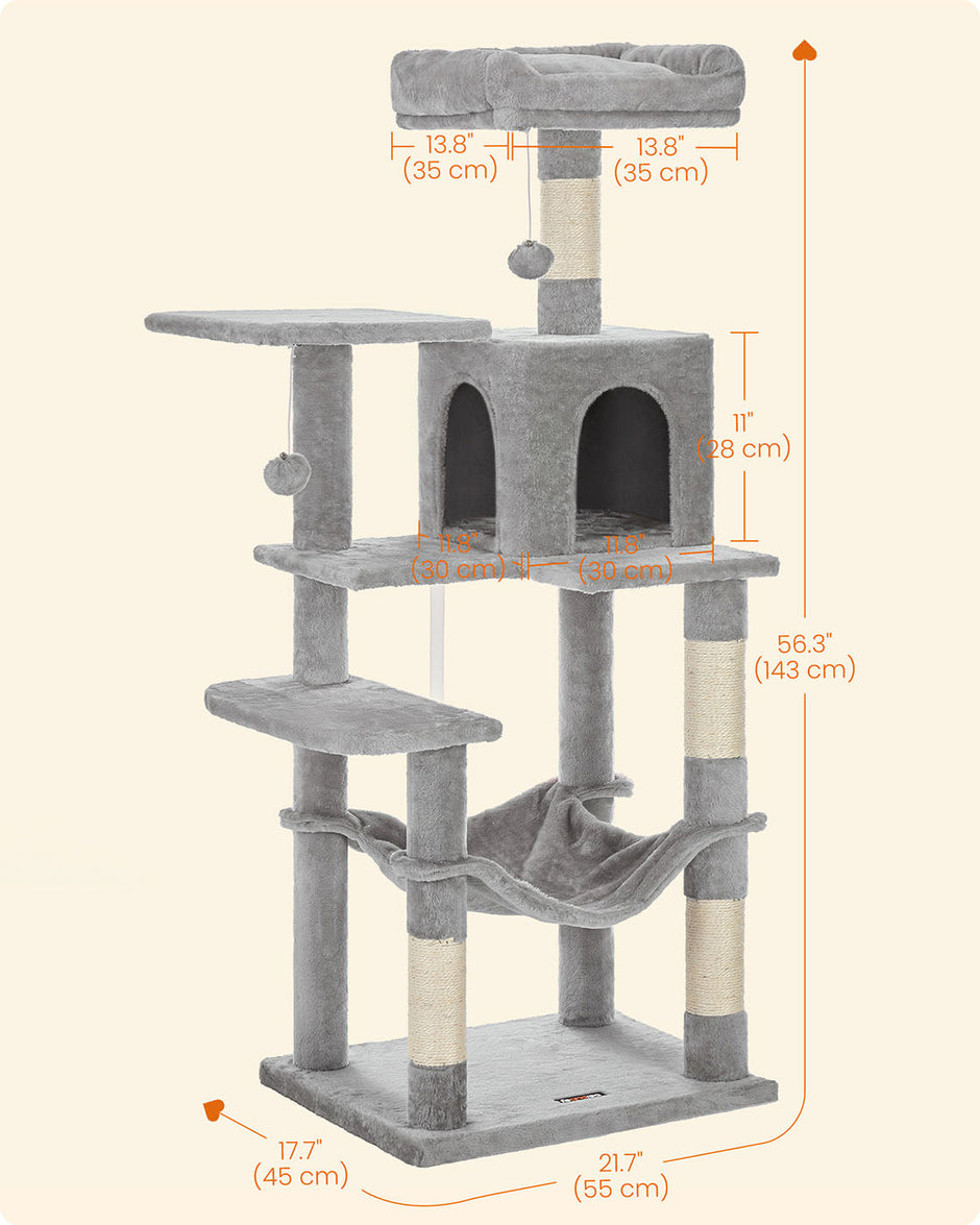 Cat Condo – Wood – Light Grey – Includes Hammock and Pompoms