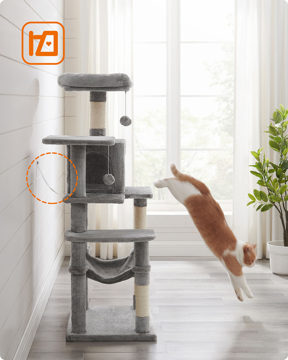 Cat Condo – Wood – Light Grey – Includes Hammock and Pompoms