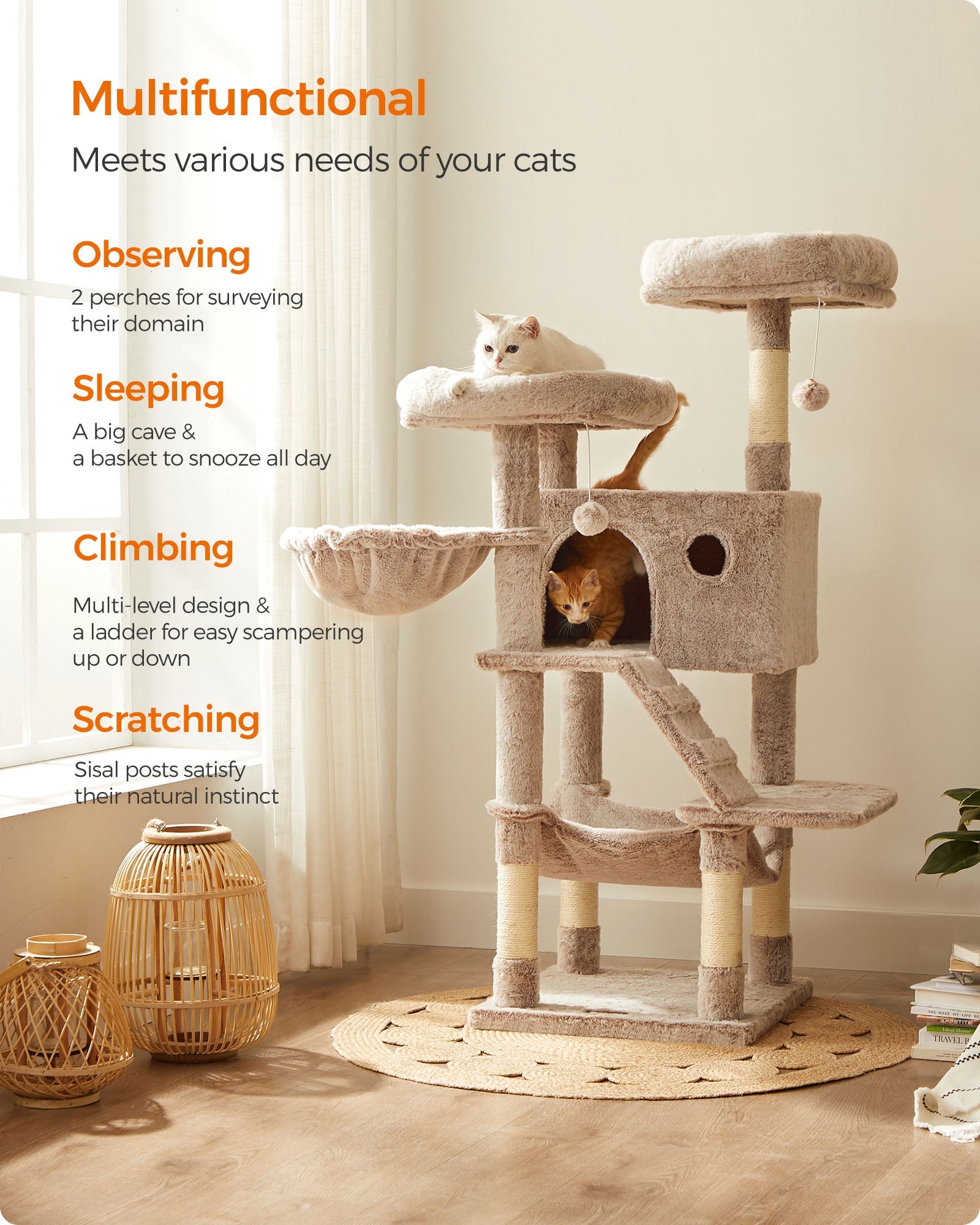 Cat Tower – Ultra-Soft Fabric – White-Brown Ombré – Designed for Large Cats