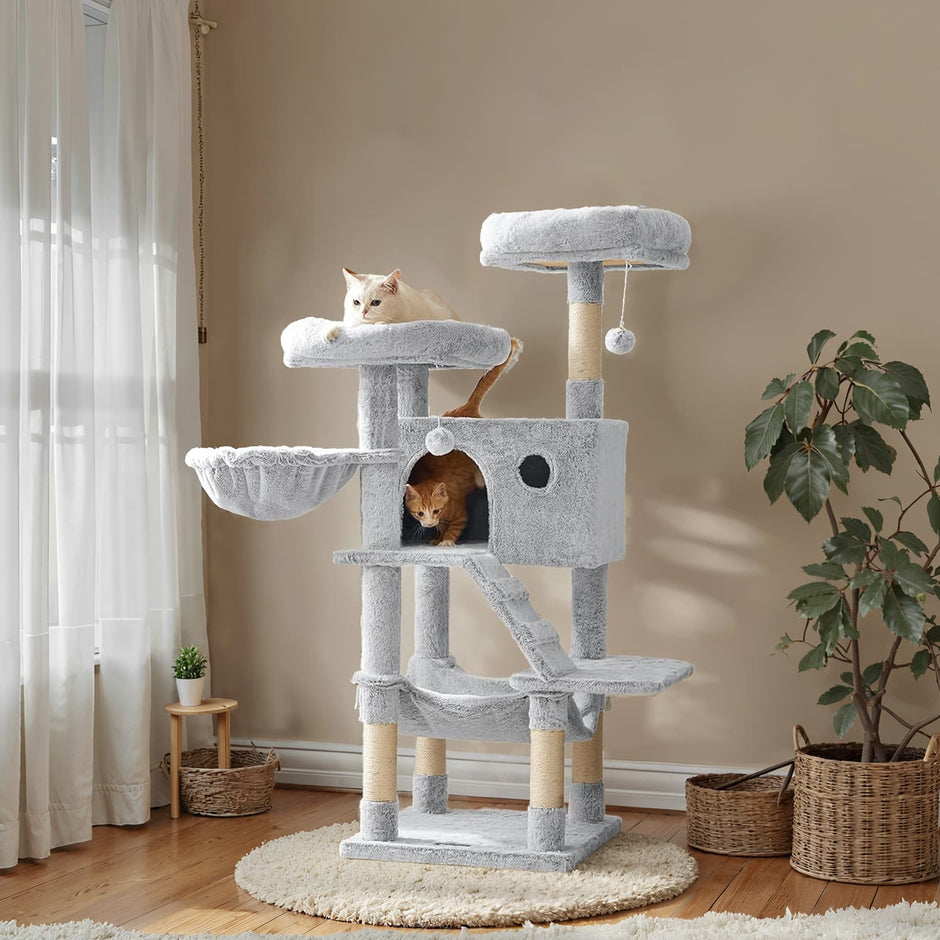 Cat Tree – Ultra-Soft Fabric – White-Grey Ombré – Designed for Large Cats