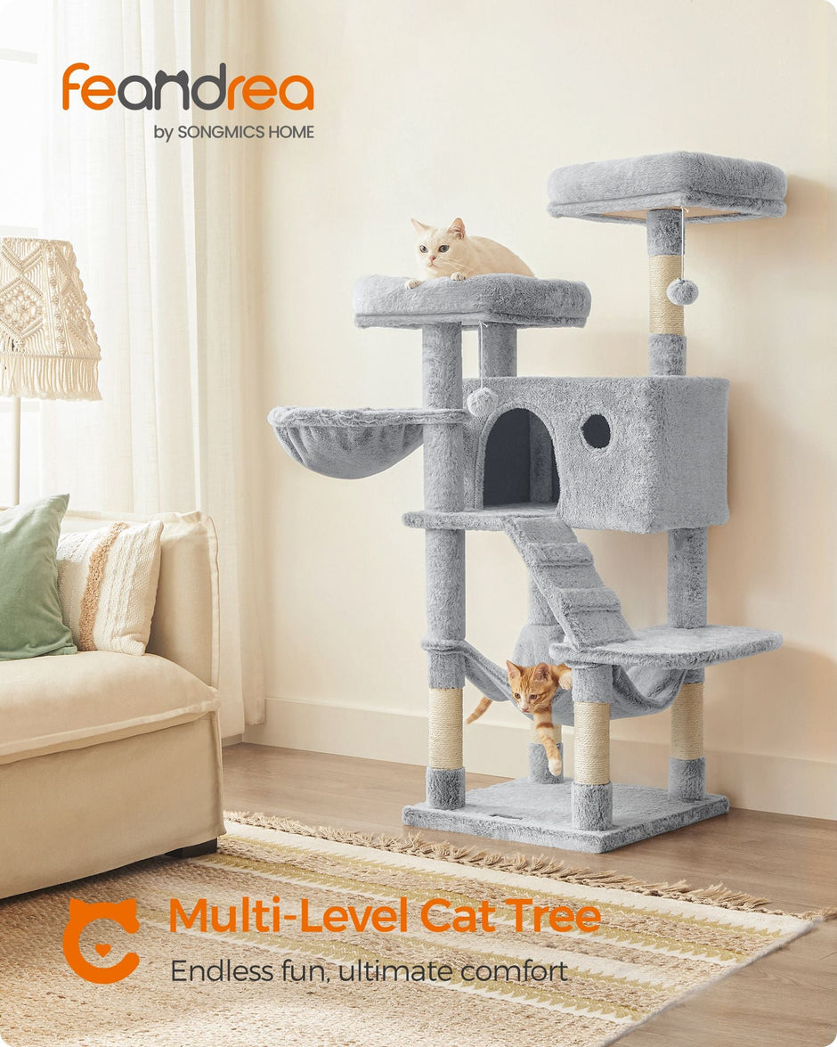 Cat Tower – Ultra-Soft Fabric – White-Grey Ombré – Designed for Large Cats