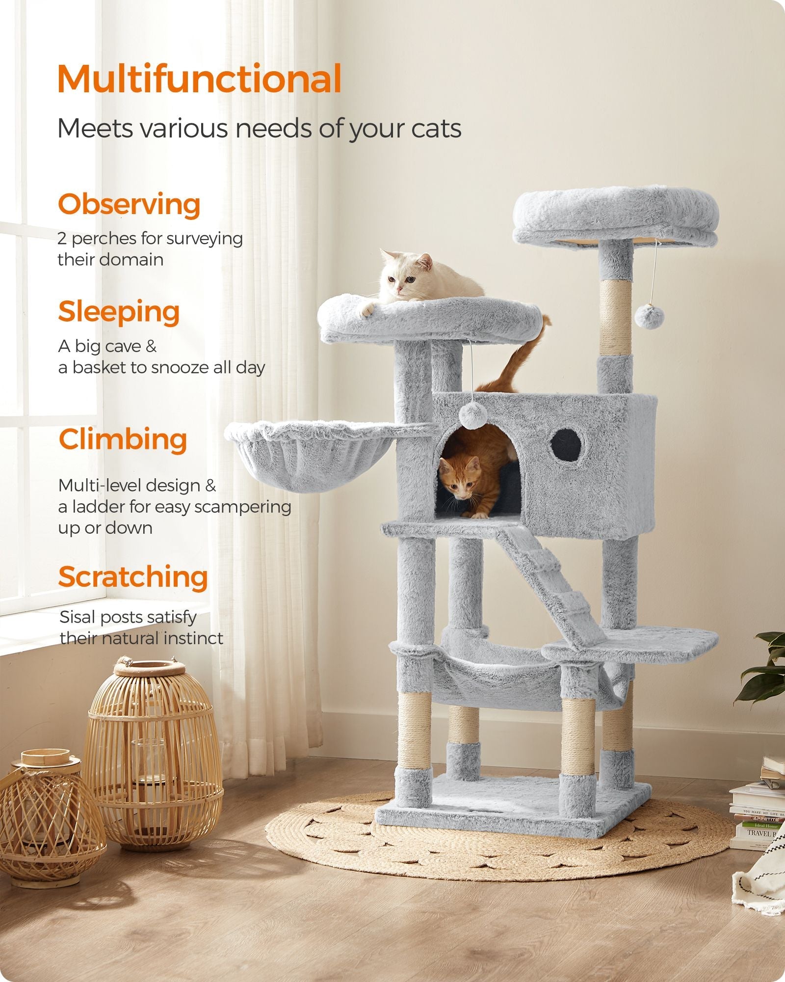 Cat Tower – Ultra-Soft Fabric – White-Grey Ombré – Designed for Large Cats