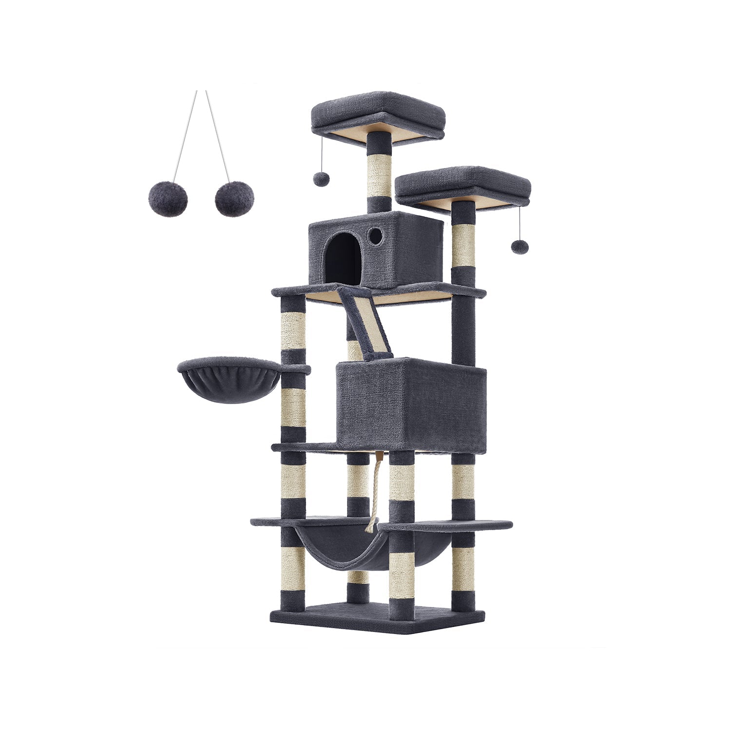 Large Cat Tower – Engineered Wood – Light Grey – 13 Scratching Posts
