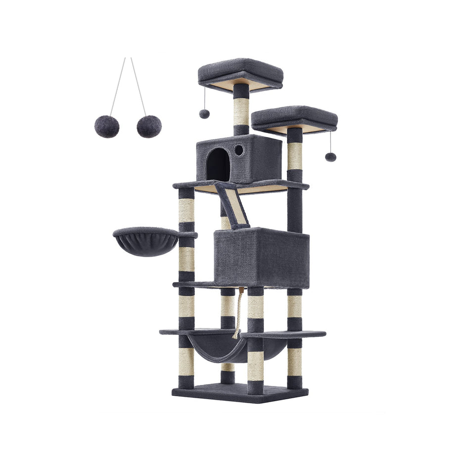 Large Cat Tower – Engineered Wood – Light Grey – 13 Scratching Posts