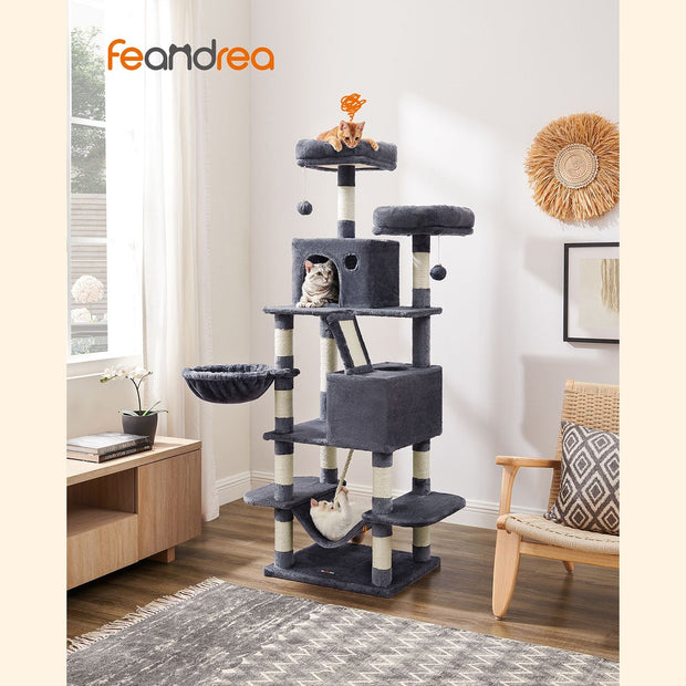 Large Cat Tower – Engineered Wood – Light Grey – 13 Scratching Posts