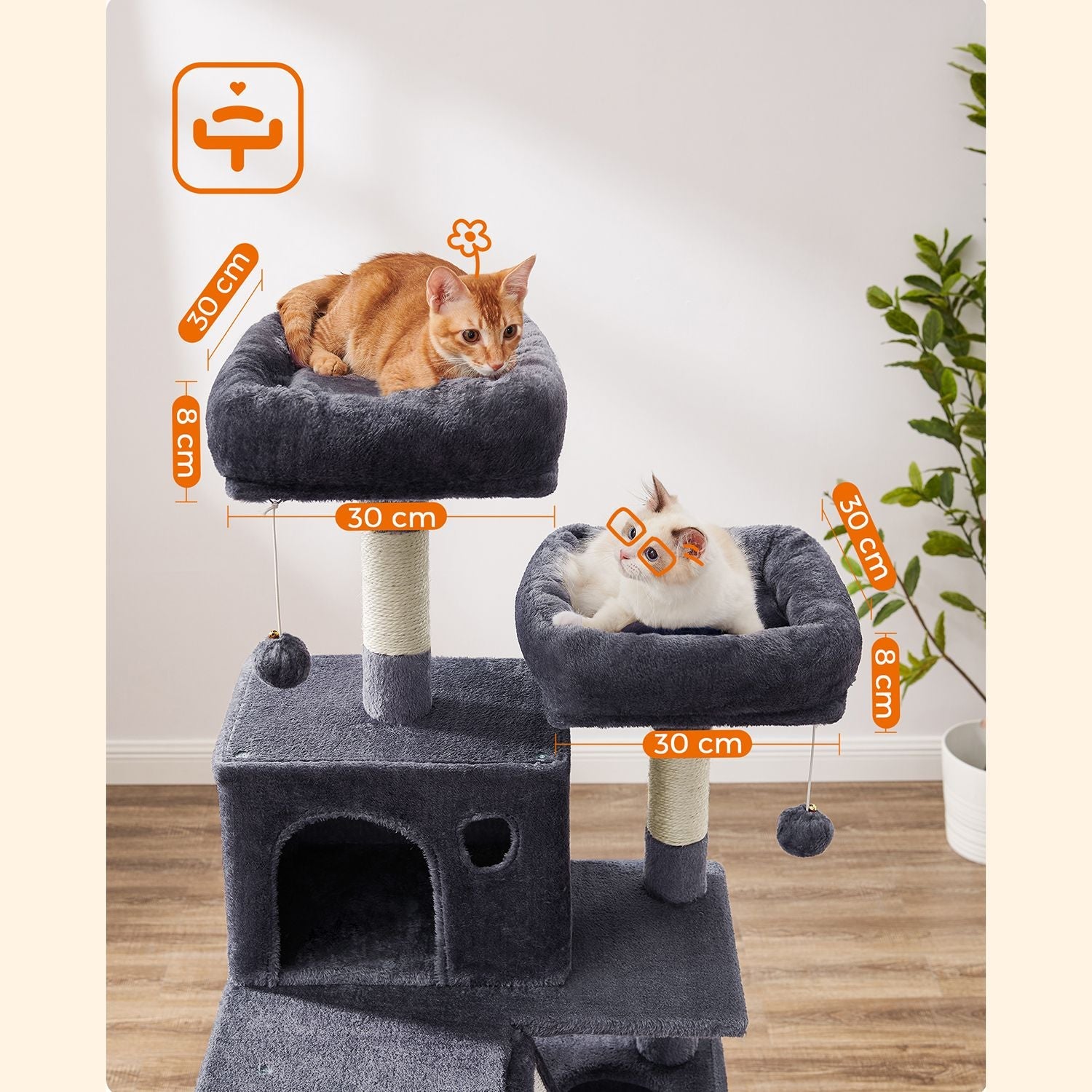 Large Cat Tower – Engineered Wood – Light Grey – 13 Scratching Posts