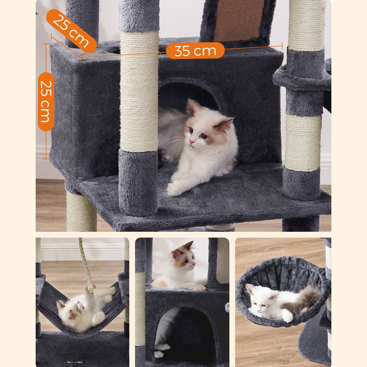 Large Cat Tower – Engineered Wood – Light Grey – 13 Scratching Posts