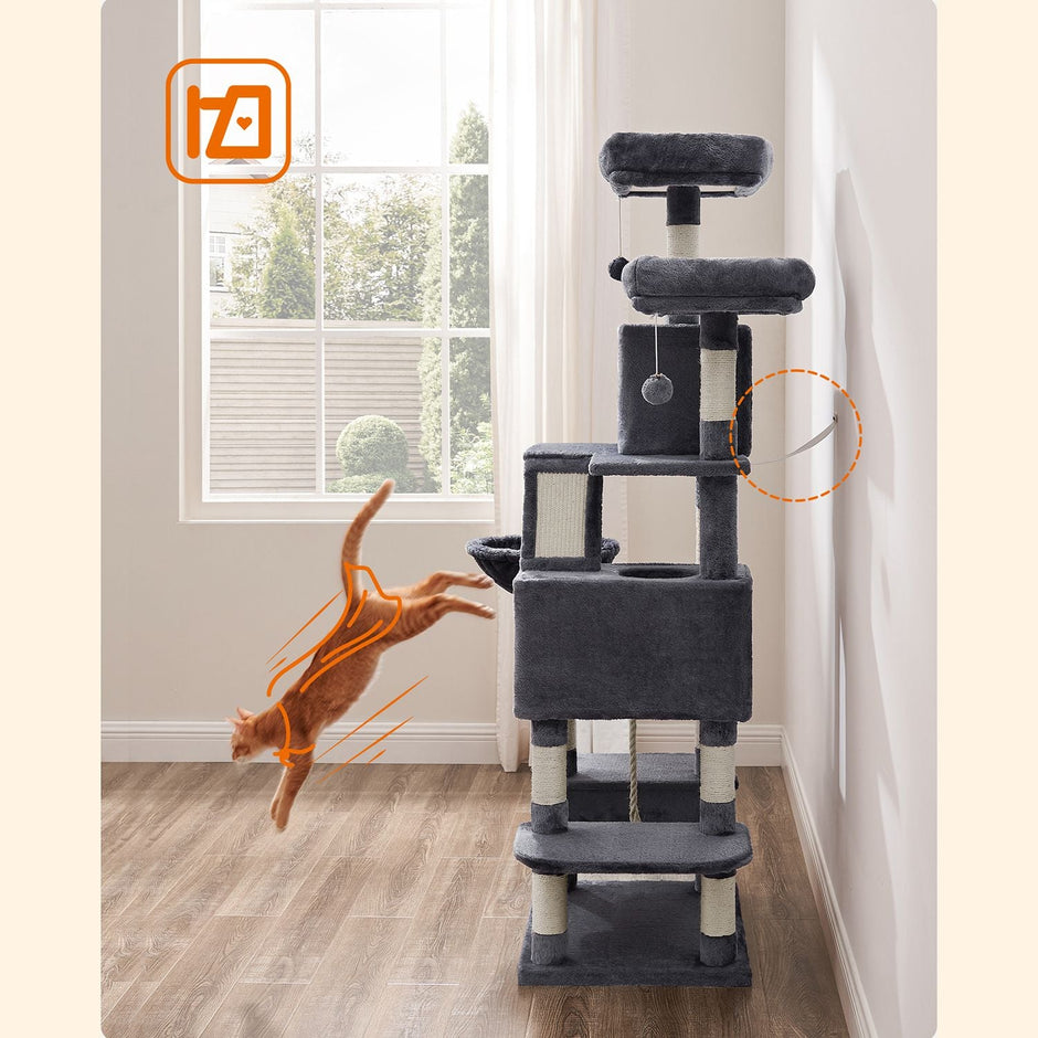 Large Cat Tower – Engineered Wood – Light Grey – 13 Scratching Posts
