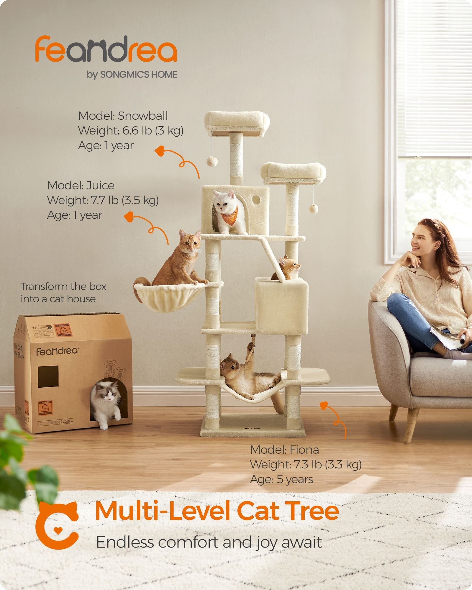 Large Cat Tree – Engineered Wood – Beige – Multi-Level with 13 Scratching Posts