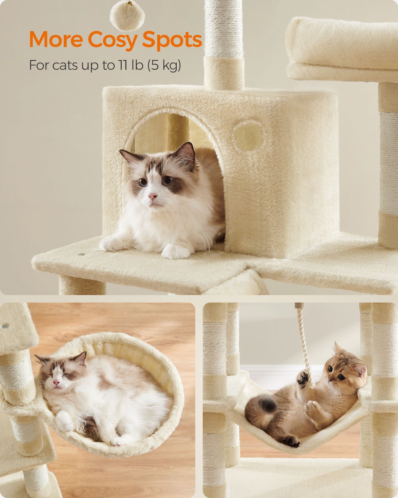 Large Cat Tree – Engineered Wood – Beige – Multi-Level with 13 Scratching Posts
