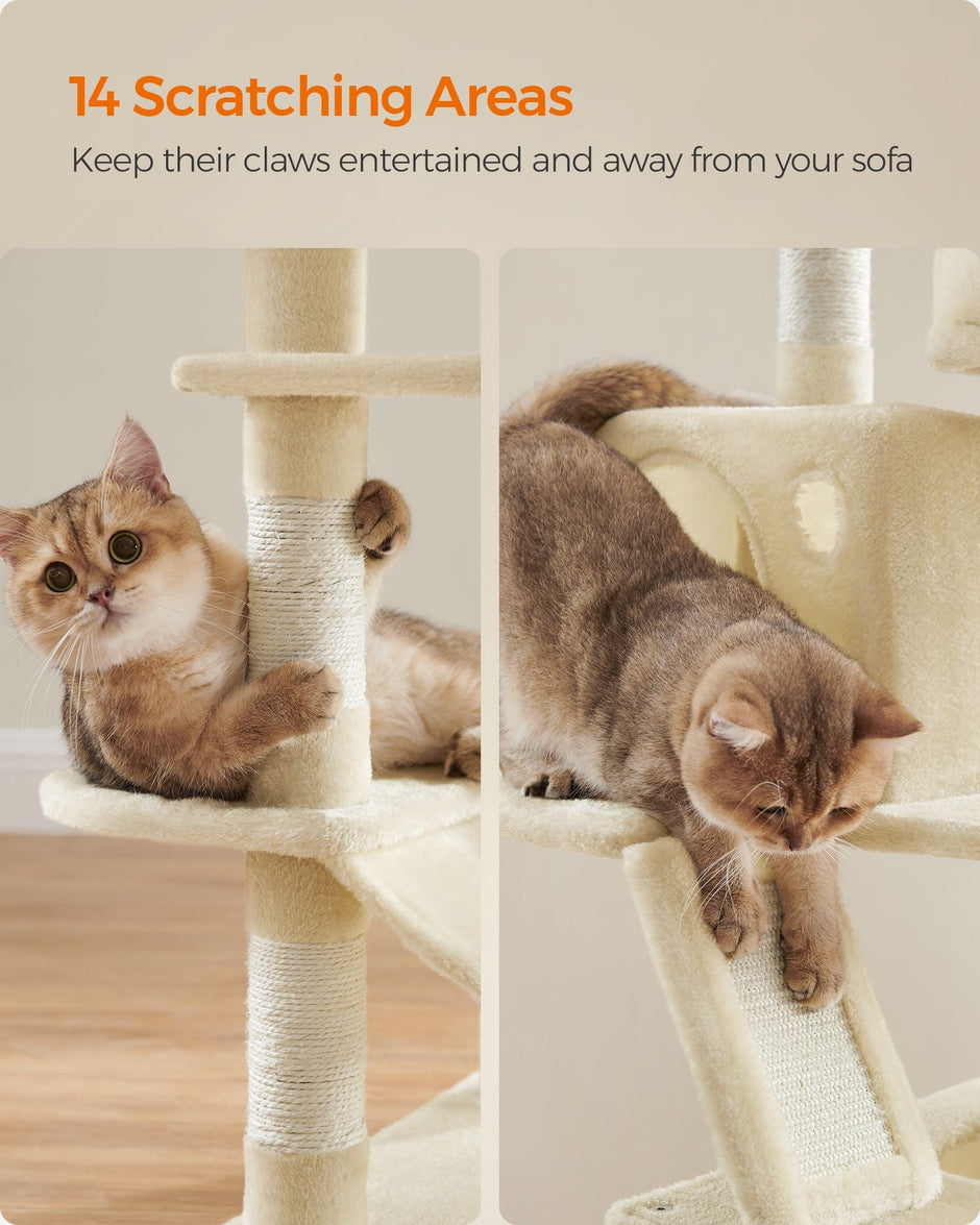 Large Cat Tree – Engineered Wood – Beige – Multi-Level with 13 Scratching Posts