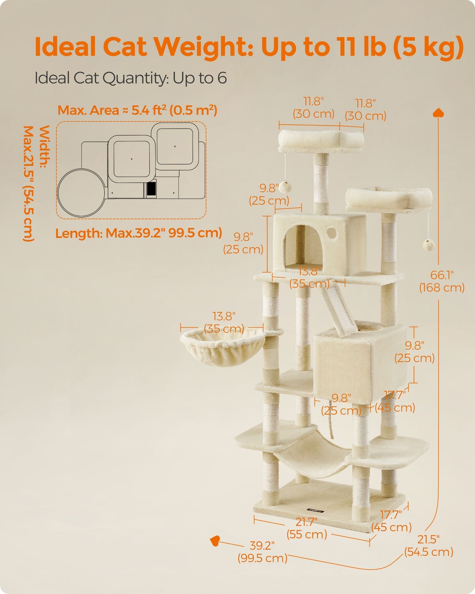 Large Cat Tree – Engineered Wood – Beige – Multi-Level with 13 Scratching Posts