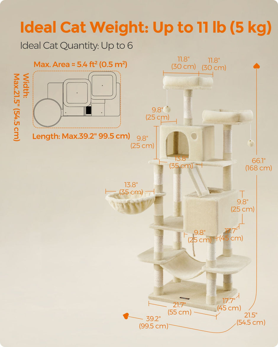 Large Cat Tree – Engineered Wood – Beige – Multi-Level with 13 Scratching Posts