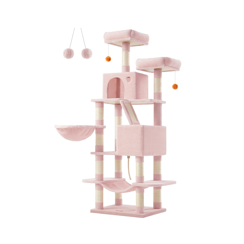Large Cat Tower – Engineered Wood – Light Grey – 13 Scratching Posts