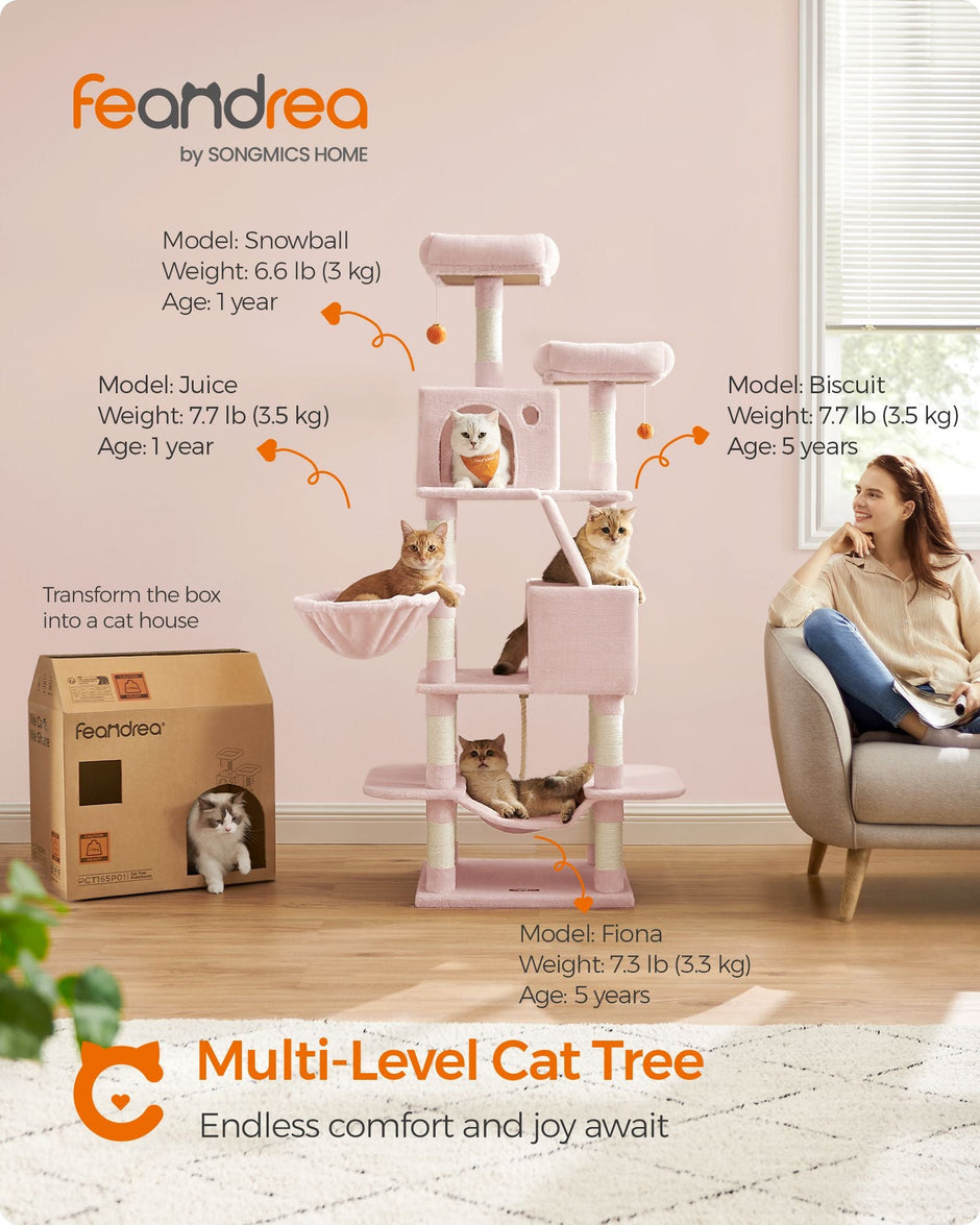 Large Multi-Level Cat Tree – Wood – Jelly Pink – 13 Scratching Posts