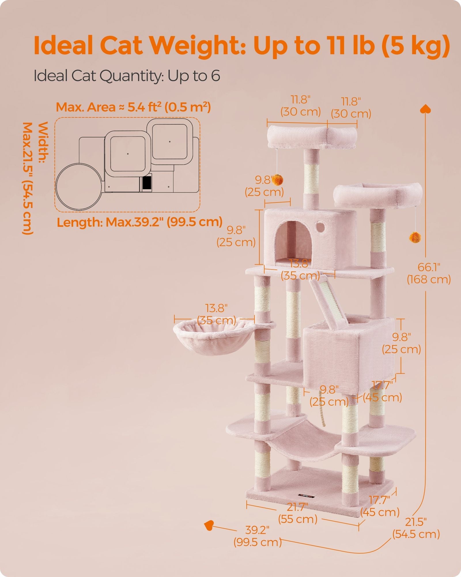 Large Multi-Level Cat Tree – Wood – Jelly Pink – 13 Scratching Posts