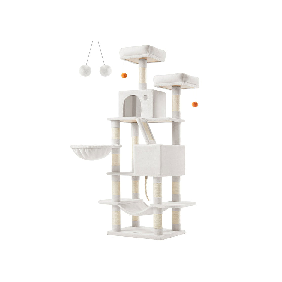 Large Cat Tower – Engineered Wood – Light Grey – 13 Scratching Posts