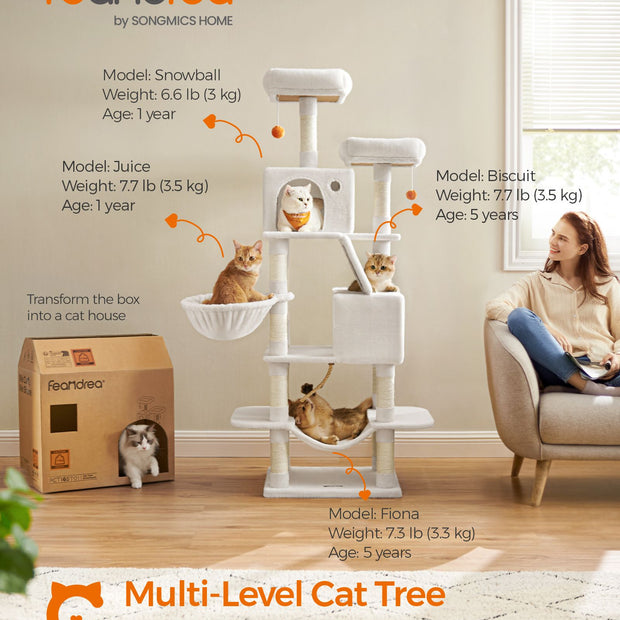 Cat Tree – Engineered Wood – Cream White – 168 cm Tall with 13 Scratching Posts