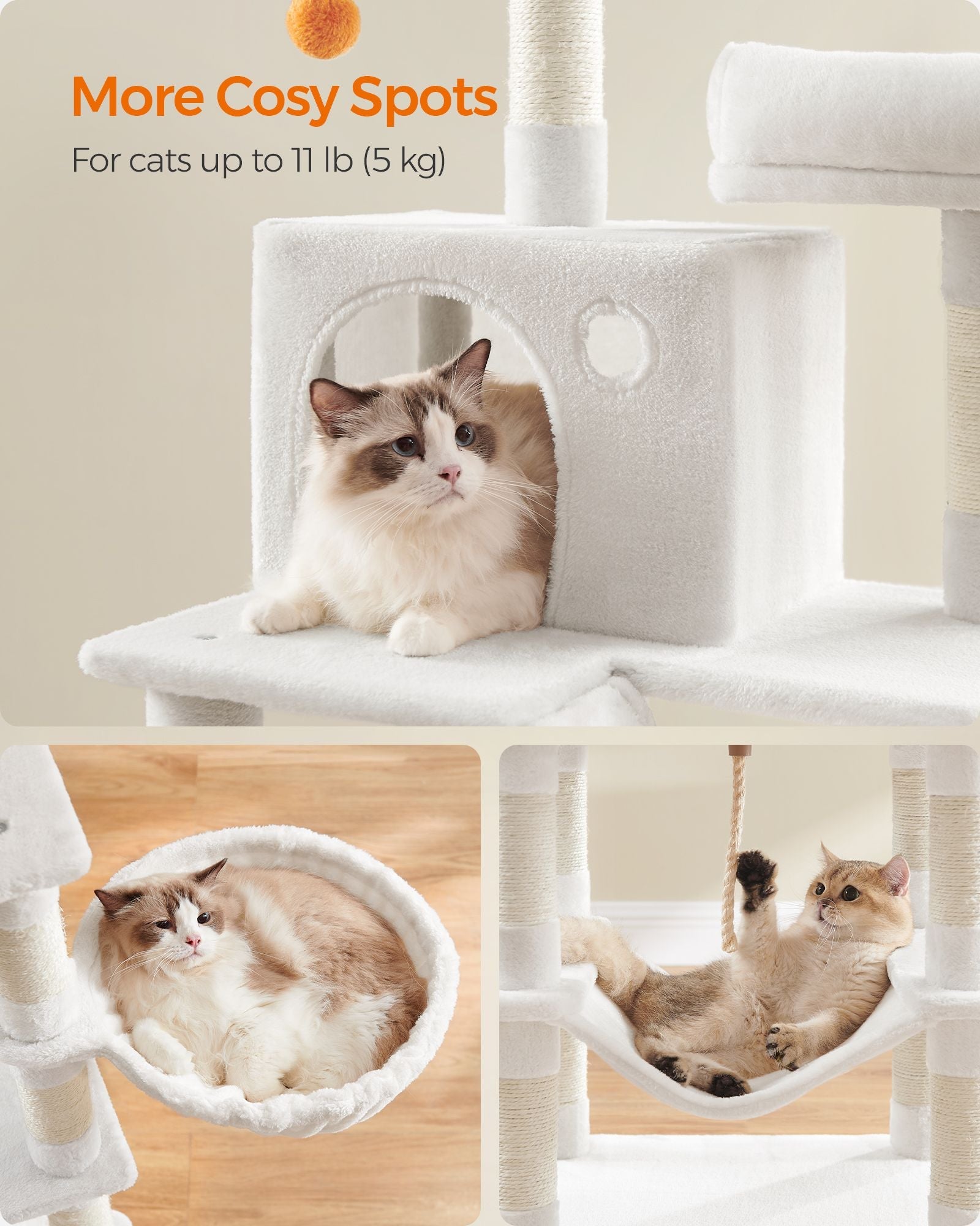 Cat Tree – Engineered Wood – Cream White – 168 cm Tall with 13 Scratching Posts