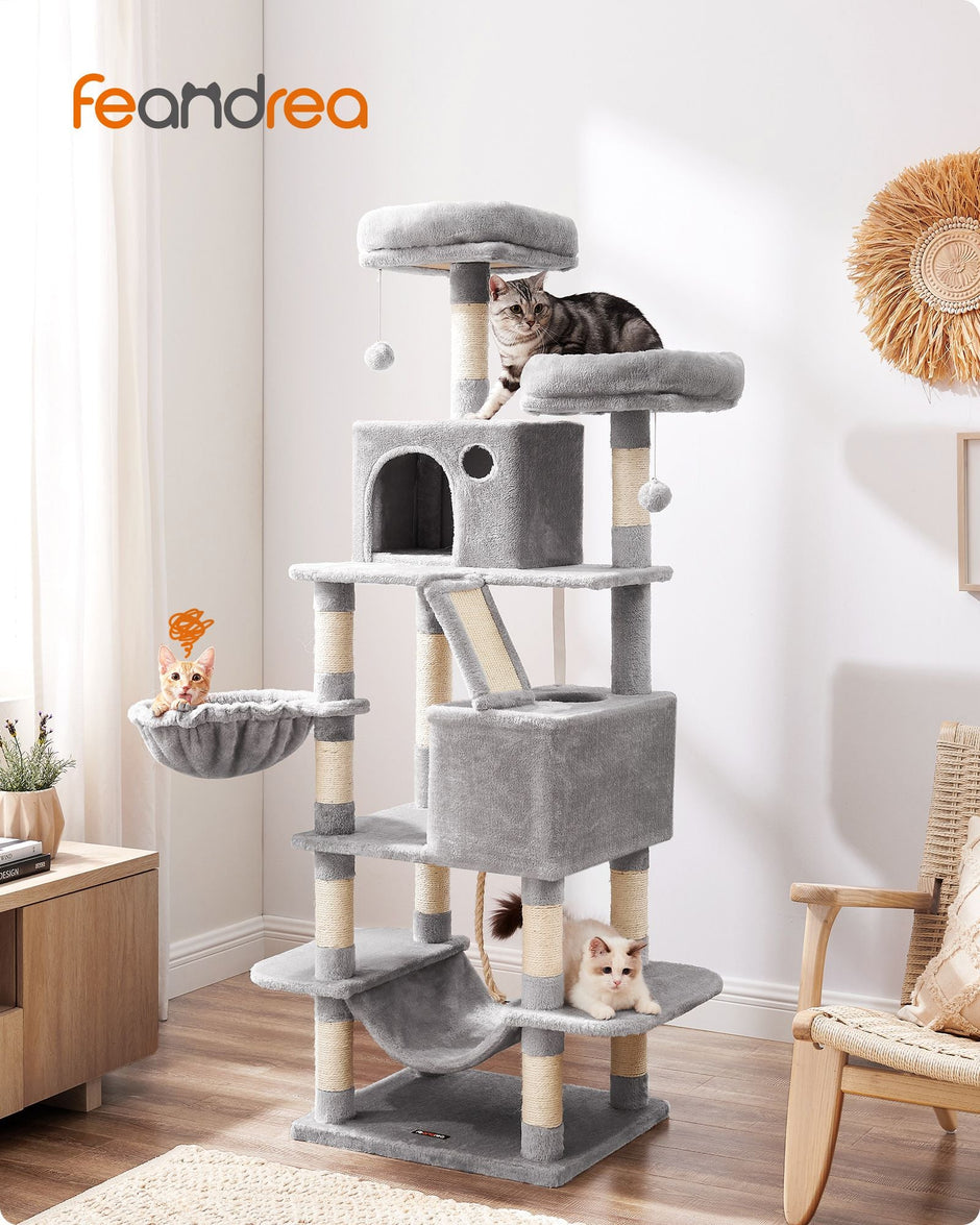Cat Tree – Wood – Light Grey – 168 cm Tall with 13 Scratching Posts