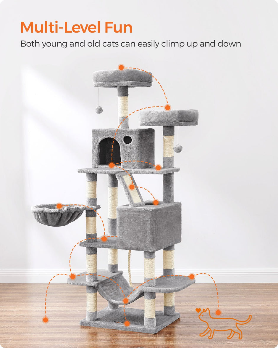 Cat Tree – Wood – Light Grey – 168 cm Tall with 13 Scratching Posts