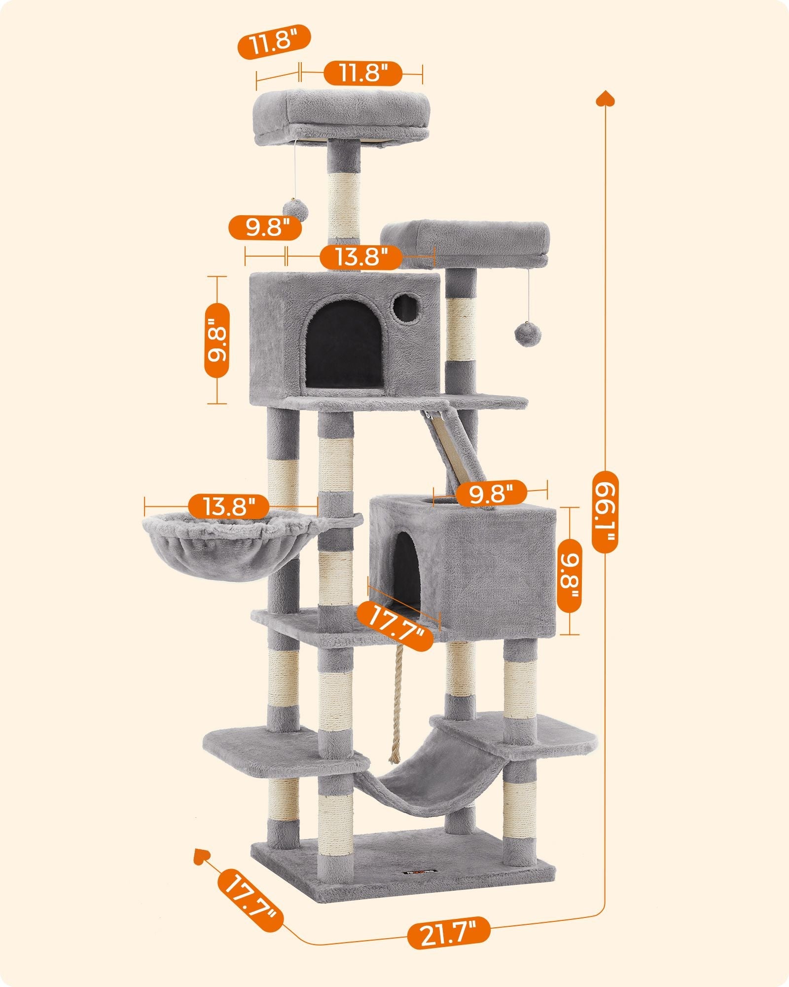 Cat Tree – Wood – Light Grey – 168 cm Tall with 13 Scratching Posts