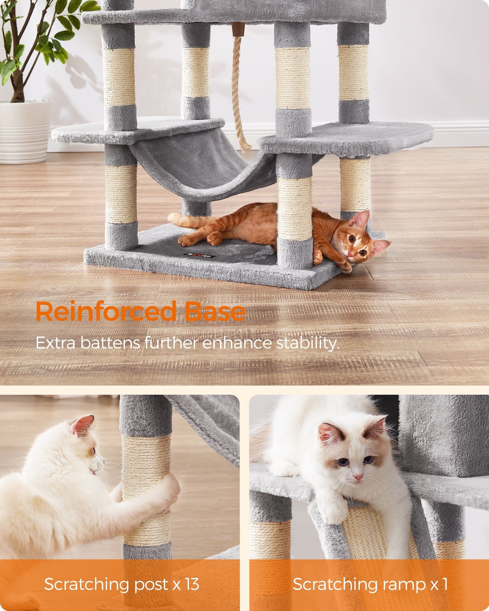 Cat Tree – Wood – Light Grey – 168 cm Tall with 13 Scratching Posts