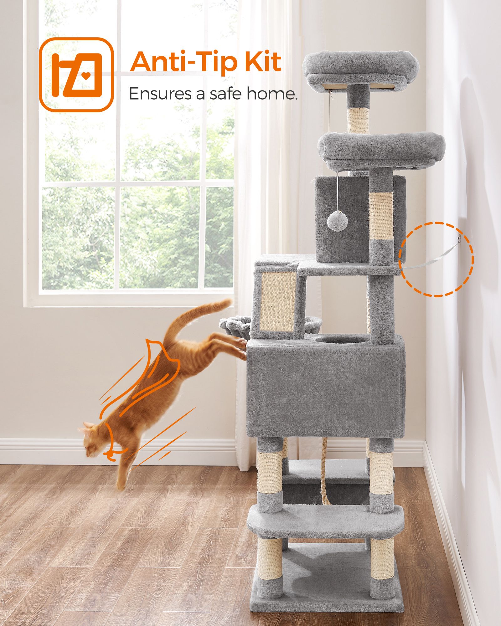 Cat Tree – Wood – Light Grey – 168 cm Tall with 13 Scratching Posts