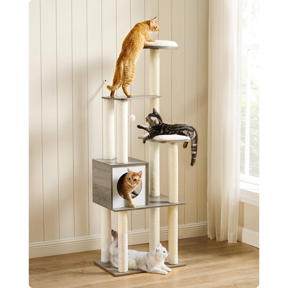 Cat Tower – Wooden – Natural – Scratching Posts with Padded Perches