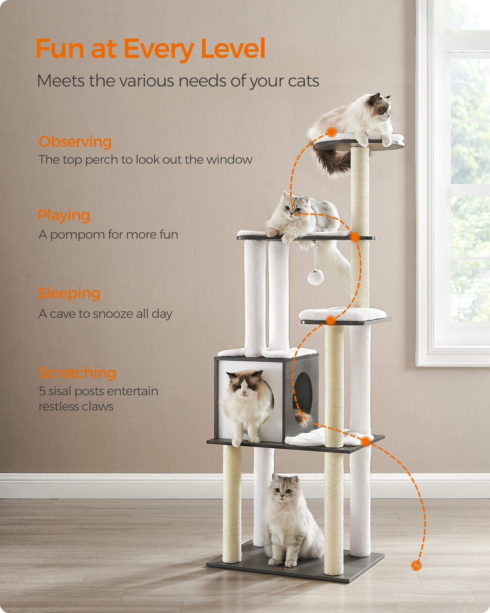Cat Tree – Wood – Misty Grey – 5 Scratching Posts and Padded Perches