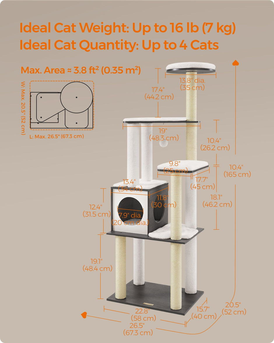 Cat Tree – Wood – Misty Grey – 5 Scratching Posts and Padded Perches