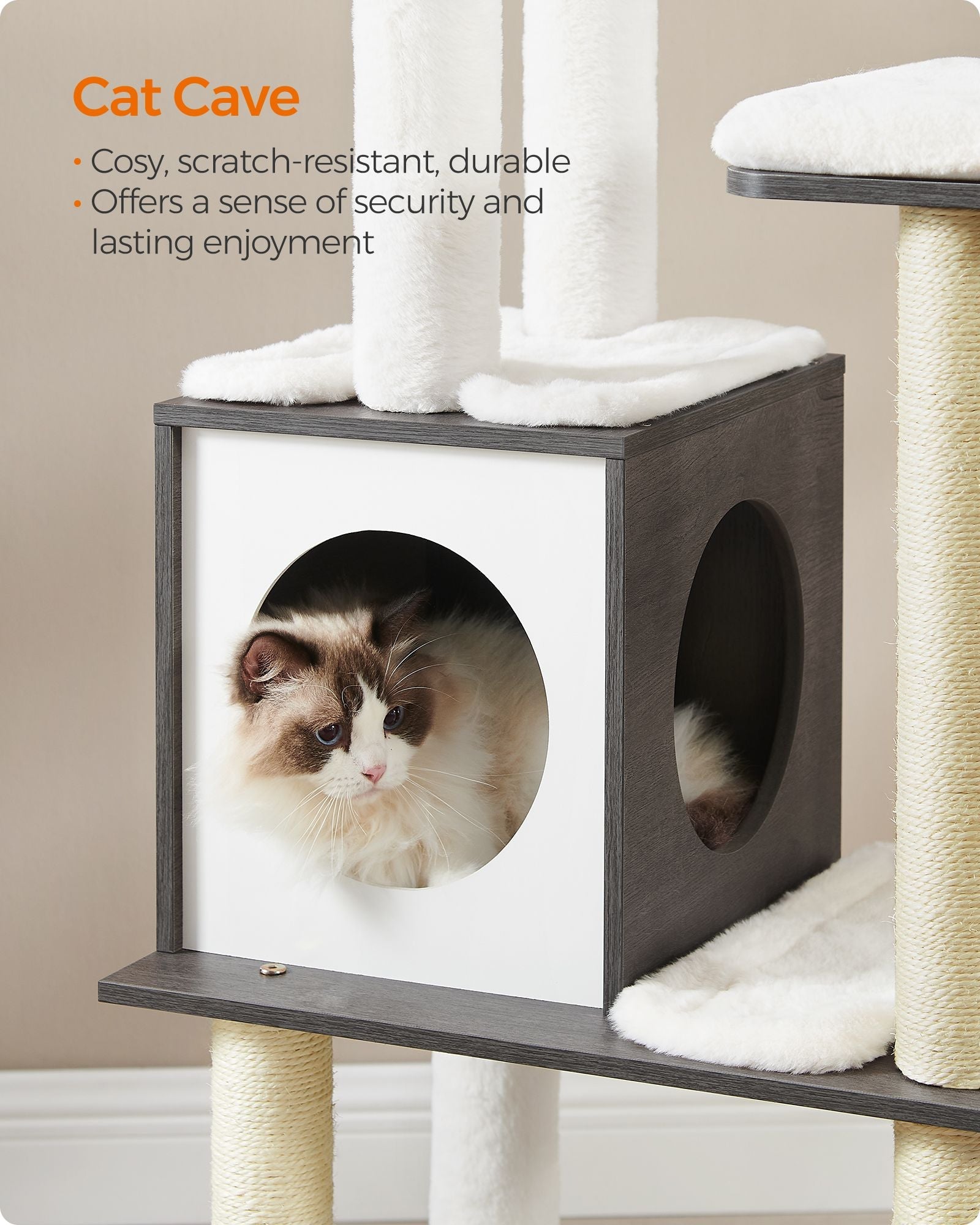 Cat Tree – Wood – Misty Grey – 5 Scratching Posts and Padded Perches