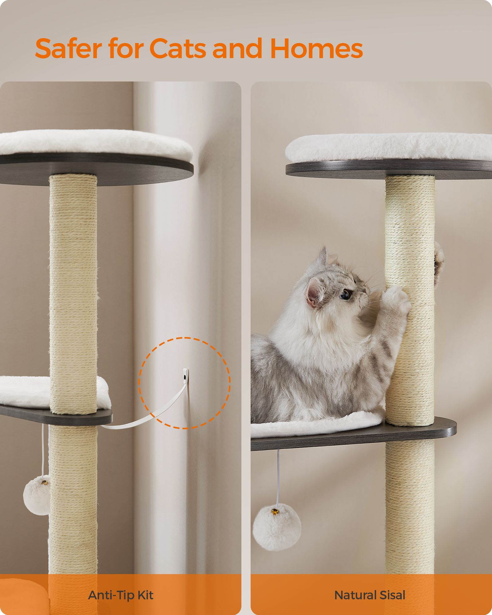 Cat Tree – Wood – Misty Grey – 5 Scratching Posts and Padded Perches