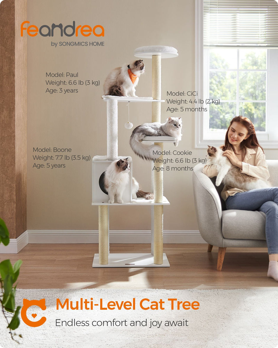 Cat Tree – Wood – Cloud White – 5 Scratching Posts, Padded Perches and Condo