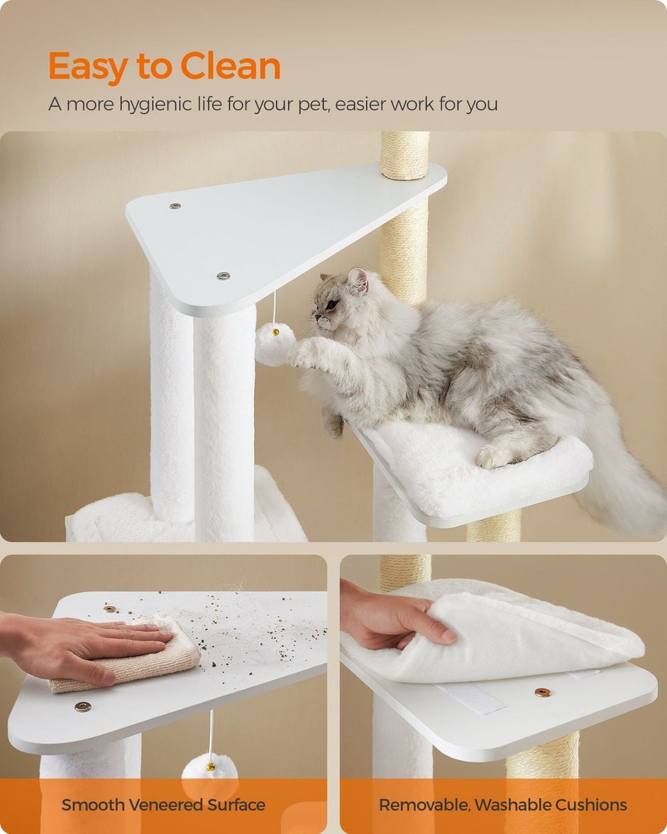 Cat Tree – Wood – Cloud White – 5 Scratching Posts, Padded Perches and Condo