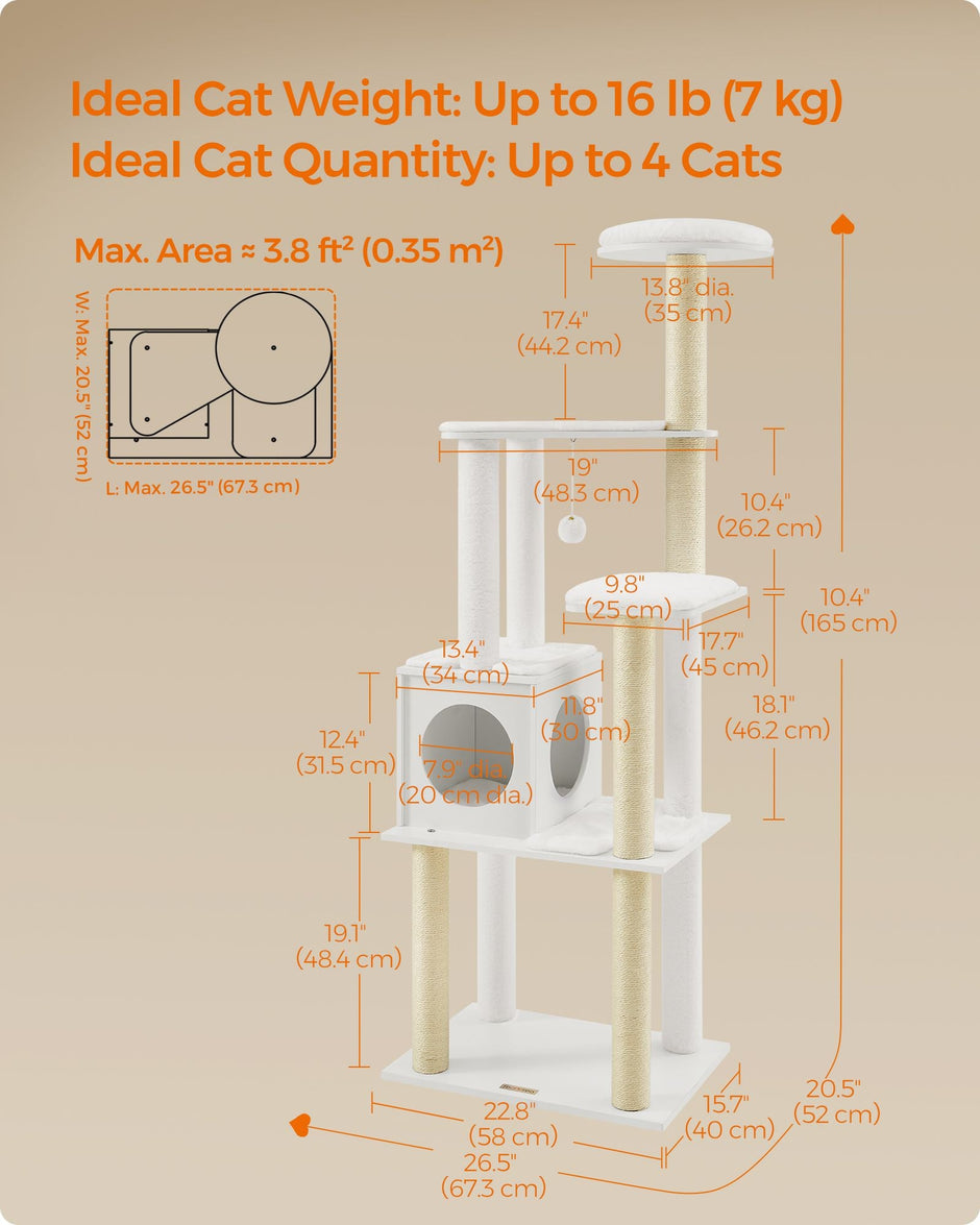 Cat Tree – Wood – Cloud White – 5 Scratching Posts, Padded Perches and Condo