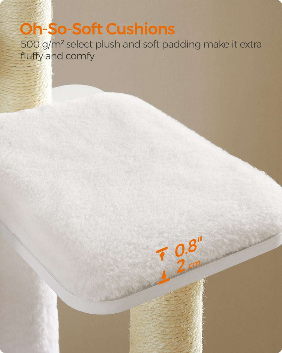 Cat Tree – Wood – Cloud White – 5 Scratching Posts, Padded Perches and Condo