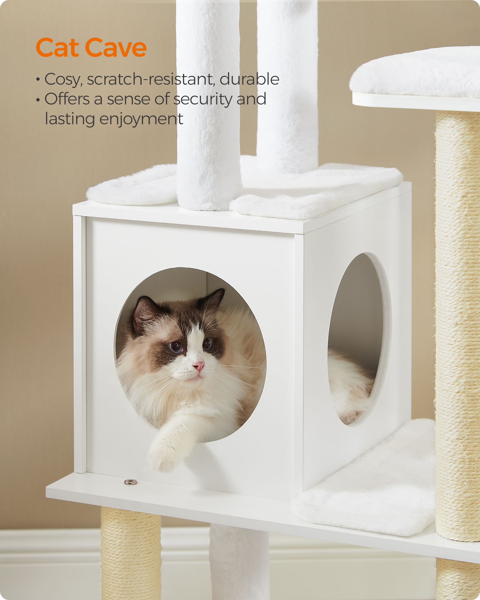 Cat Tree – Wood – Cloud White – 5 Scratching Posts, Padded Perches and Condo